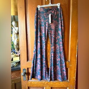 Zara Bell Bottoms NWT brown florals in gray teal body con with elastic waist L